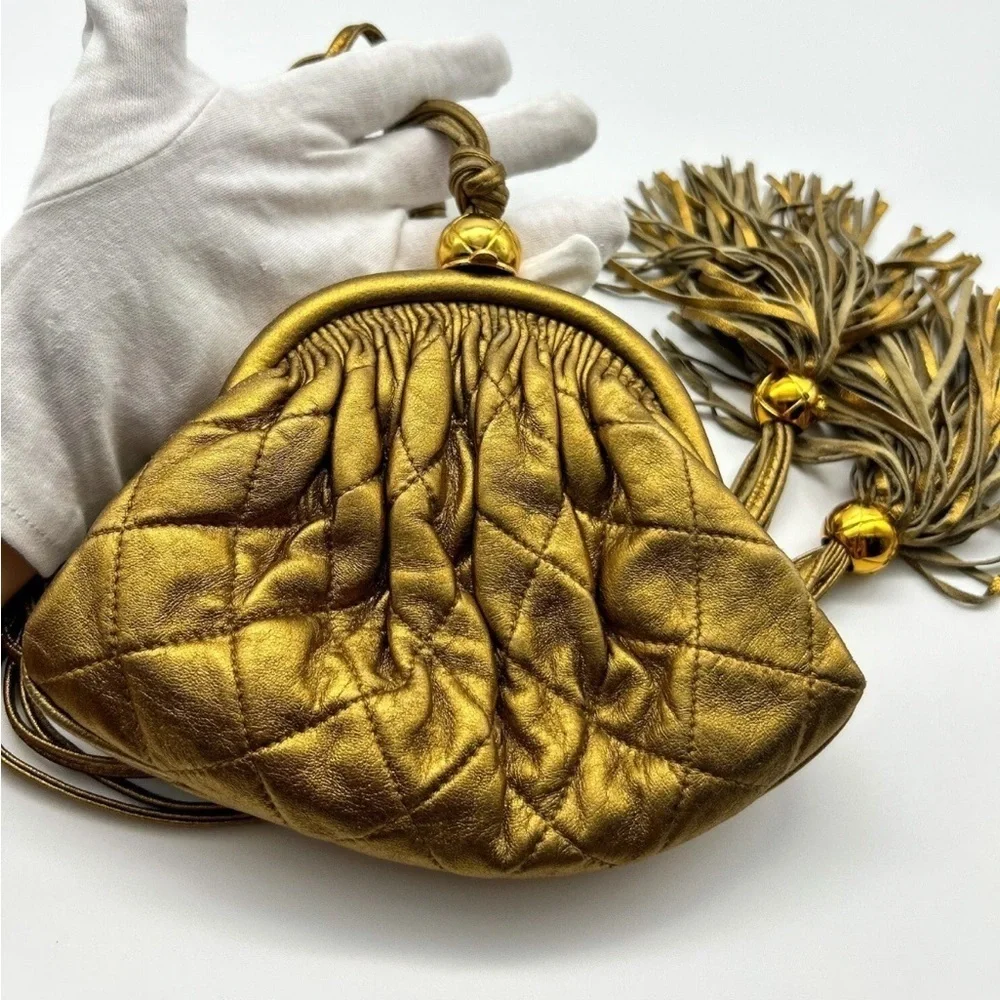 Chanel Quilted Vintage Rare Gold Bronze Waist Pouch bag Tie Fringe sling